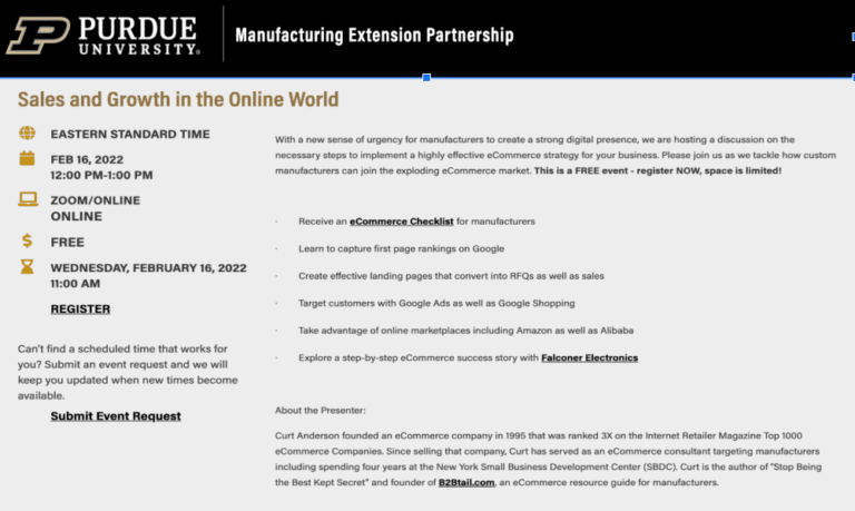Purdue MEP Features B2BTail Client, Falconer Electronics, In Ecommerce Workshop